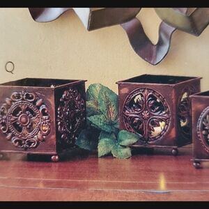 3 Home Interiors Ventura sq Metal medallions candleholders rich copper highlight